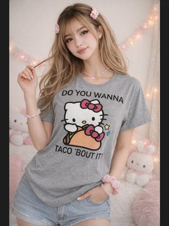 Sanrio Tops - Hello Kitty Graphic Shirt XL Gray Taco Bout It Tee Sanrio Funny Cute Casual EUC